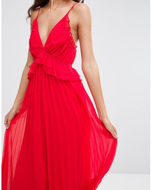 Asos Tall Pleated Skirt Maxi Dress With Ruffle Top in Red Lyst