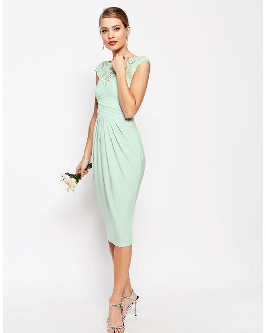  Asos  Wedding  Lace Top Pleated Midi Dress  in Green  Mint  