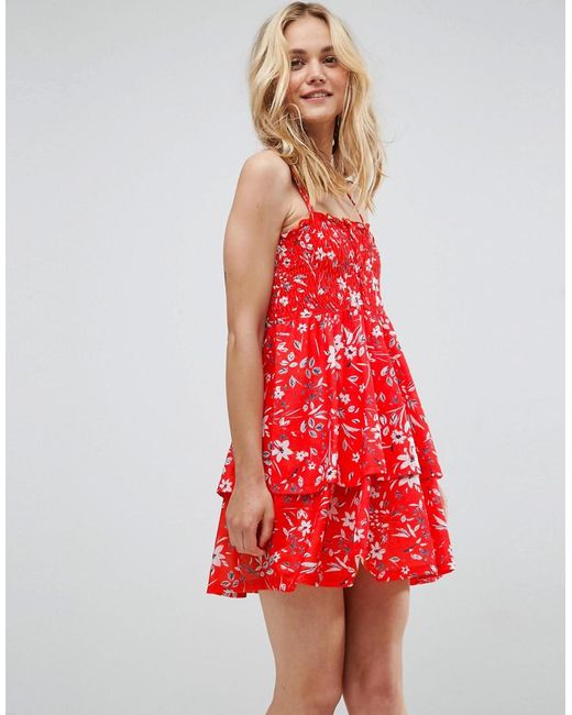 Lyst - Asos Shirred Mini Sundress With Tiered Skirt In Red Ditsy Print ...