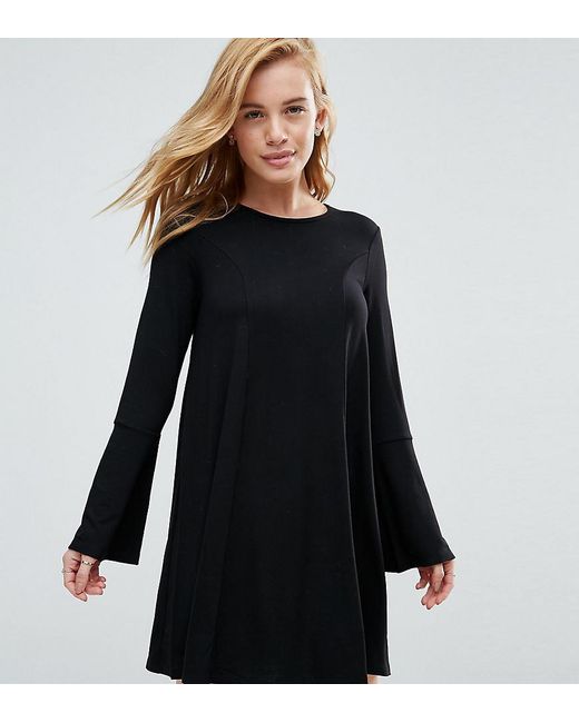 Lyst - Asos Mini Swing Dress With Seam Detail And Trumpet Sleeve in Black