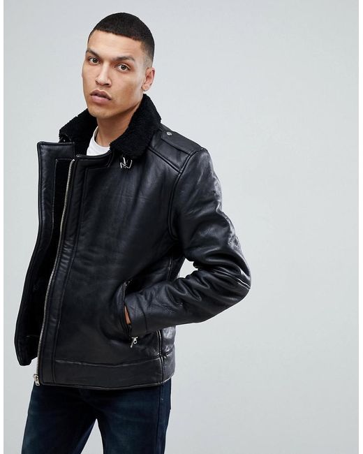 Bellfield Leather Aviator Jacket With Borg Lining In Black For Men Bellfield Black Leather Aviator Jacket With Borg Lining For Men Lyst