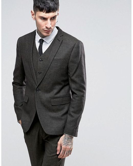Asos Slim Wool Rich Suit Jacket In Charcoal And Khaki Twist in Green ...