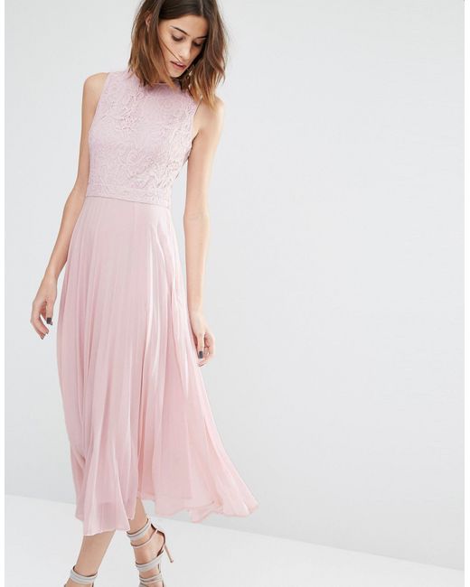 Warehouse Lace Pleated Midi Dress  in Pink  Lyst