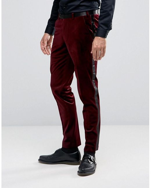 Asos Super Skinny Smart Velvet Trousers With Sateen Side Stripe In Red ...