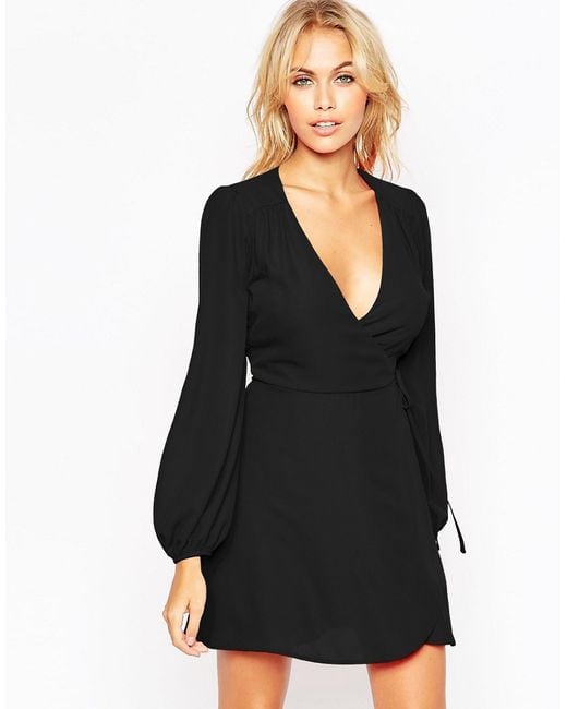 Asos Mini Wrap Dress With Blouson Sleeve in Black | Lyst