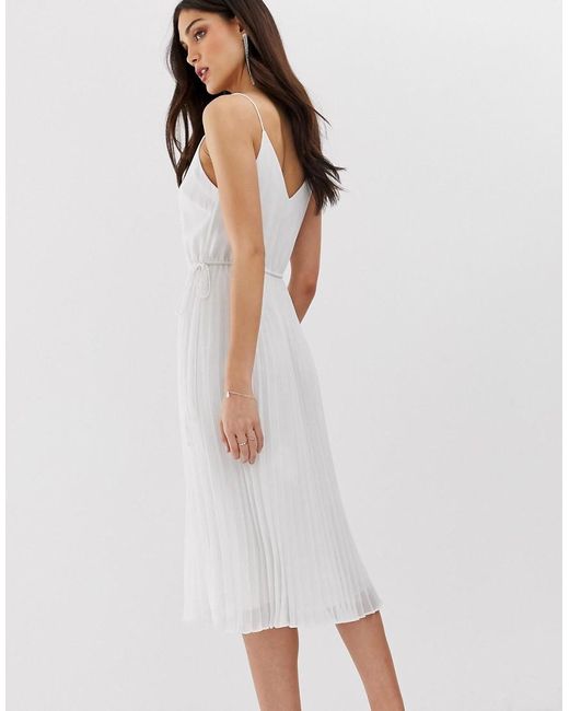 ASOS Pleated Cami Midi Dress With Drawstring Waist in White - Lyst