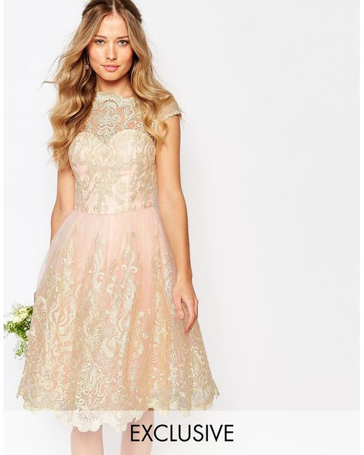 Chi chi london  Premium Metallic Lace Midi Prom  Dress  With 
