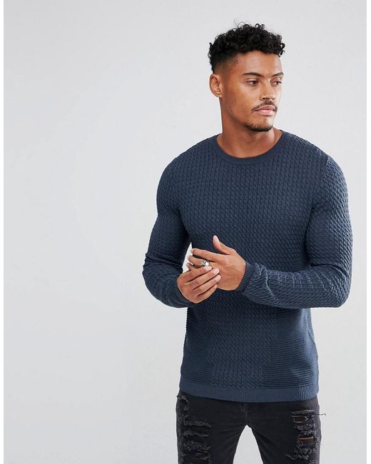 Lyst - Asos Muscle Fit Cable Knit Jumper In Denim Blue in Blue for Men