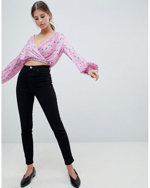 Image result for ASOS DESIGN Plisse Cropped Wrap Top In Pink Ditsy Print
