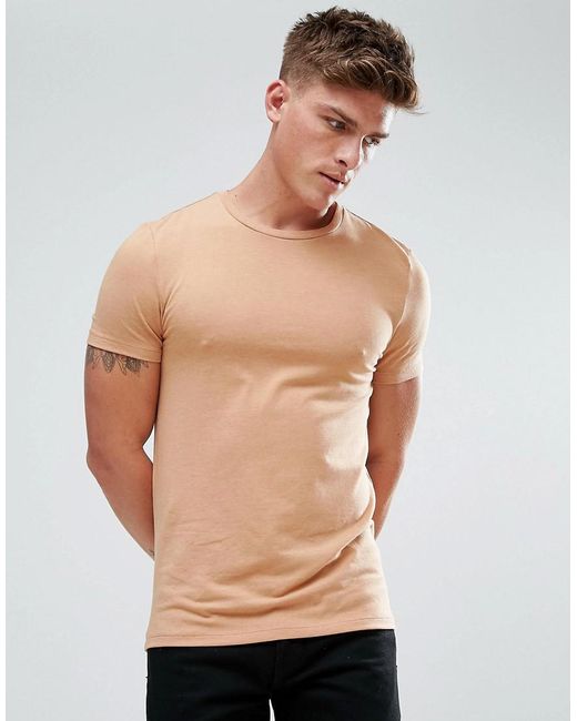 Asos Muscle Fit T-shirt With Crew Neck In Tan for Men | Lyst