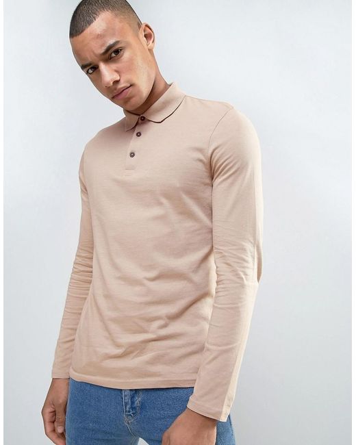 Asos Long Sleeve Jersey Polo In Beige in Natural for Men | Lyst