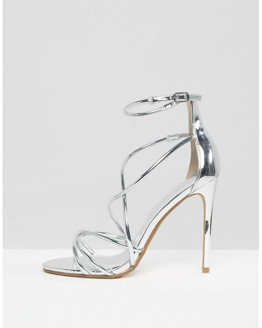 Office Spindle Silver Mirror Strappy Heeled Sandals in Metallic | Lyst