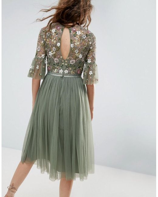 Needle & thread Needle And Thread Ruffle Sleeve Midi Dress With Floral Embroidery in Green | Lyst
