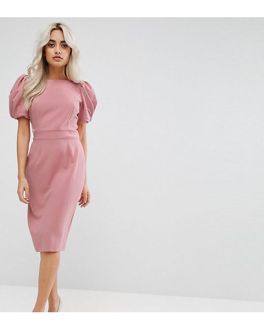 Lyst - Asos Puff Sleeve Midi Pencil Dress in Pink