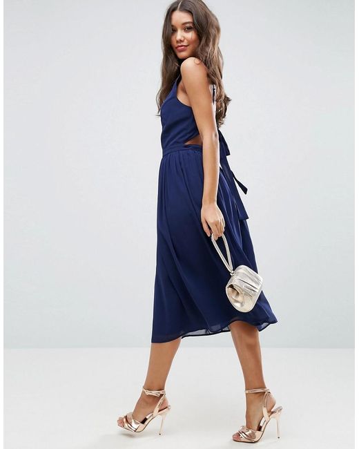 Asos Deep Plunge Tie Back Cami Midi Dress in Green | Lyst