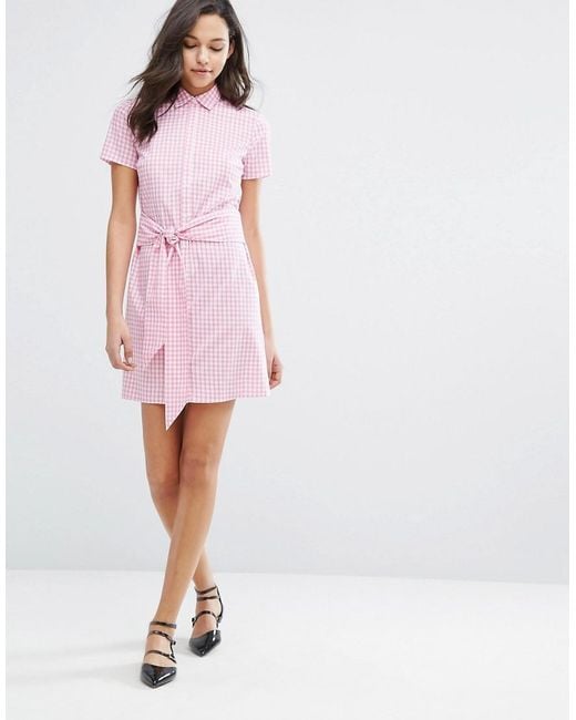  Miss  selfridge  Gingham Tie Front Shirt  Dress  in Pink  Lyst