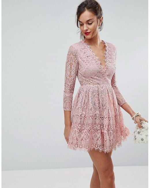 Lyst - Asos Long Sleeve Lace Mini Prom Dress in Pink