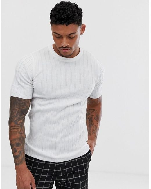 ASOS Knitted Muscle Fit Ribbed T-shirt In White in White for Men - Lyst