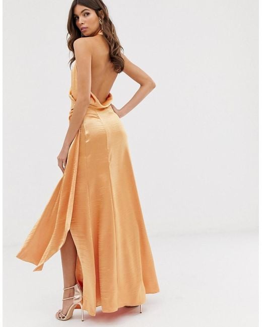 ASOS Halter Maxi Dress In High Shine Satin With Drape Neck in Orange - Lyst