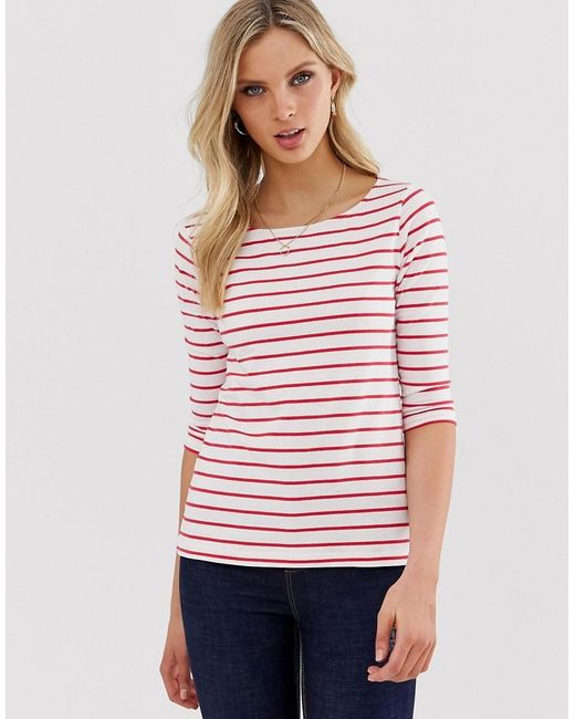 French Connection Tim Tim Stripe Long Sleeved Slash Neck T-shirt in Red ...