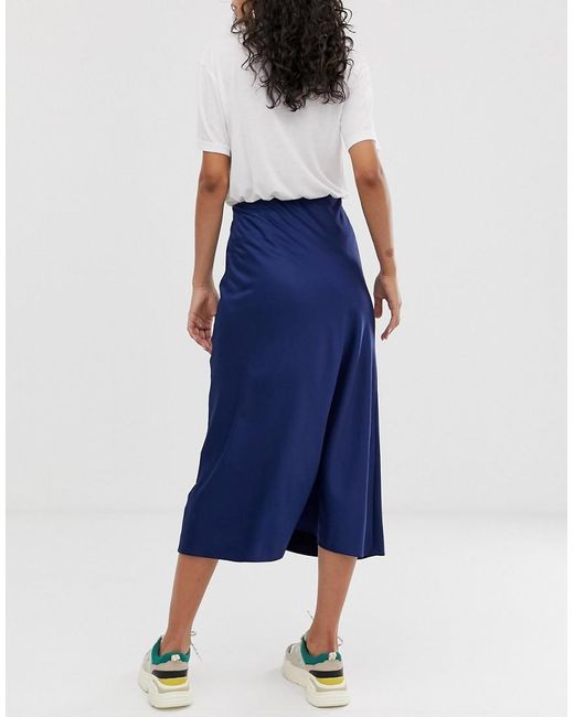 New Look Satin Midi Skirt In Navy in Blue - Lyst