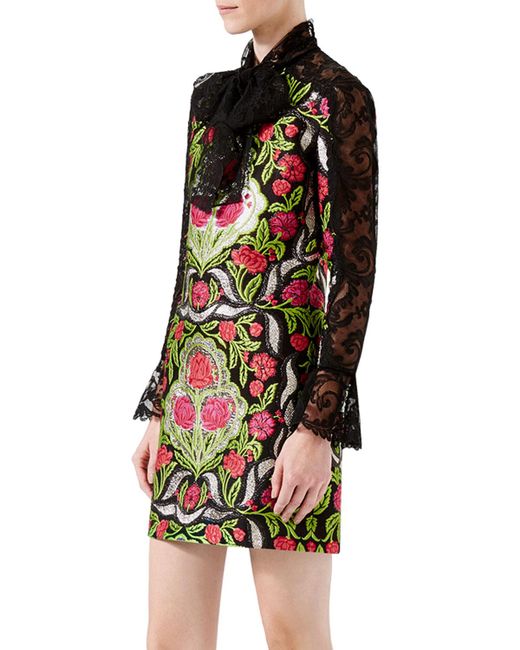 gucci floral brocade dress with lace details in black lyst gucci floral brocade dress with lace details in black lyst