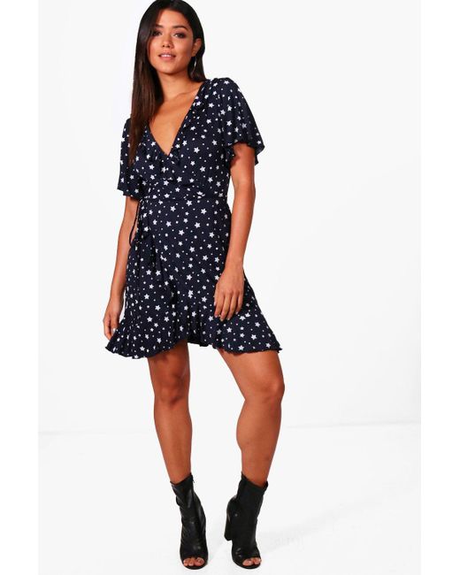 Lyst - Boohoo Brooke Star Wrap Tea Dress in Blue Boohoo - Blue Brooke Star Wrap Tea Dress - Lyst ...