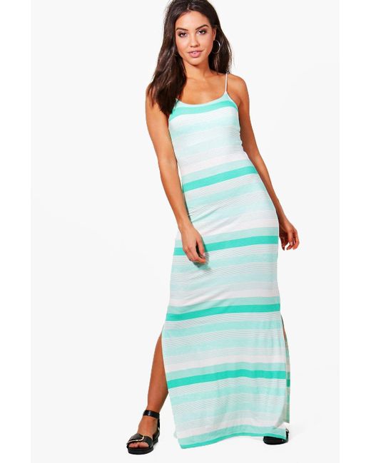boohoo mona variated stripe maxi dress in green lyst boohoo mona variated stripe maxi dress in green lyst