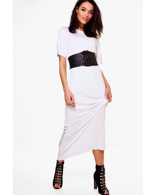 boohoo saskia 2 in 1 corset belt maxi dress in white lyst boohoo saskia 2 in 1 corset belt maxi dress in white lyst