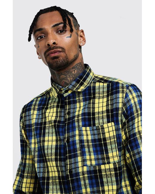 Download BoohooMAN Yellow Check Long Sleeve Slim Fit Shirt With ...