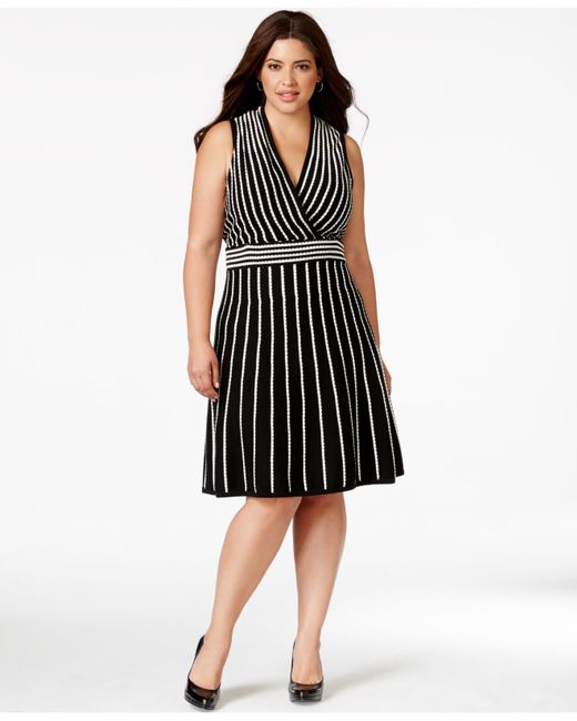 Spense Plus Size Surplice Wrap A-line Striped Sweater Dress in Black ...