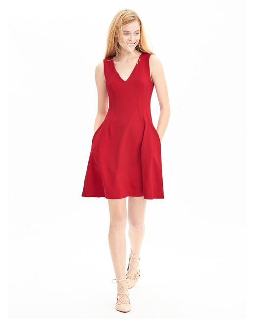 Banana republic Red Ponte Fit-and-flare Dress in Red (Tomato paste