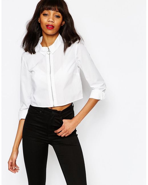 Monki Cropped Zip Through Shirt in White | Lyst