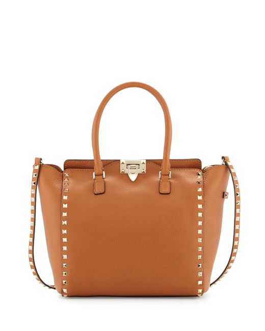 Valentino Rockstud Medium Leather Tote Bag in Brown (TAN) | Lyst