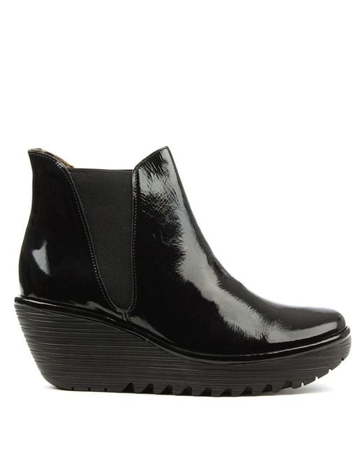 Fly london Woss Black Patent Leather Wedge Ankle Boot in Black | Lyst
