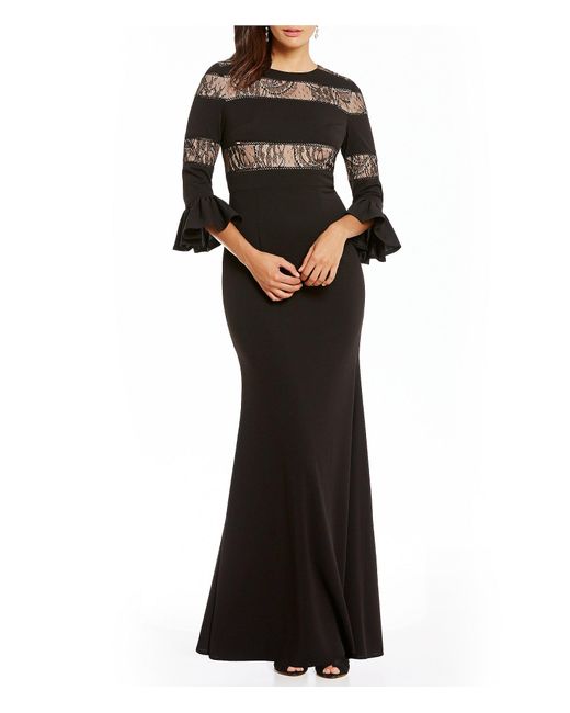 Js collections Bell Sleeve Illusion Lace Insert Crepe Gown in Black | Lyst