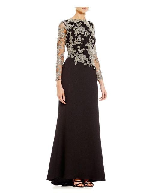 Tadashi shoji Boat Neck Lace Bodice Illusion Long Sleeve Gown in Black ...