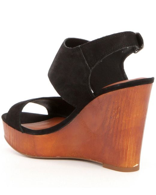 Lucky brand Lattela Leather Banded Slingback Faux Wood Platform Wedge Sandals in Black | Lyst