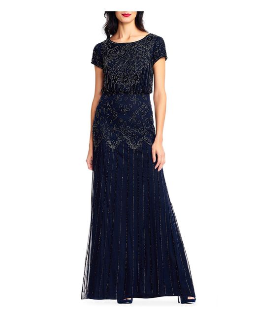 Adrianna Papell Petite Size Short Sleeve Beaded Blouson Gown in Blue - Lyst