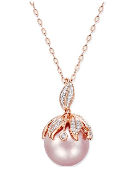 Macy&#39;s Pink Windsor Pearl (13mm) And Diamond Accent Pendant Necklace In 14k Rose Gold in White ...