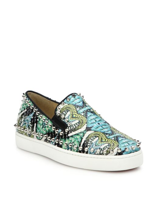 Christian louboutin Studded Printed Python Skate Sneakers in Blue | Lyst