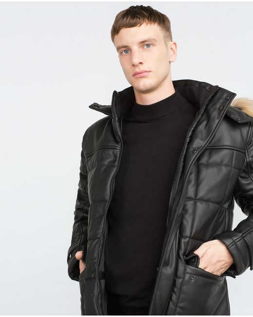 Zara Quilted Faux Leather Three Quarter Length Coat in Black for Men | Lyst