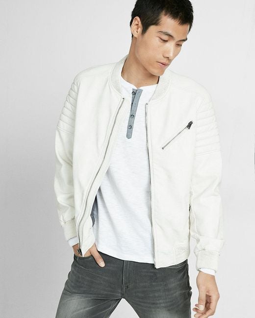 Express Faux Leather Bomber Jacket in White for Men | Lyst