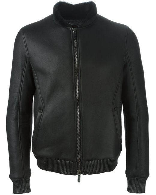 Giorgio armani Shearling Bomber Jacket in Black for Men | Lyst