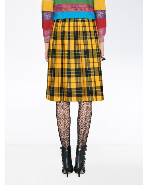 Gucci Appliquéd Plaid Wool Midi Skirt in Yellow | Lyst