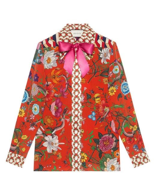 Gucci Flora Snake Print Silk Shirt in Red | Lyst