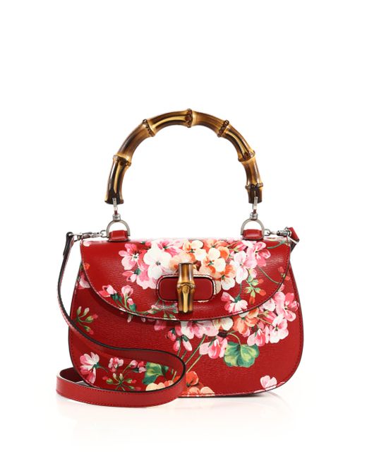 Gucci Bamboo Classic Blooms Leather Top-Handle Bag in Pink (red-multi) | Lyst