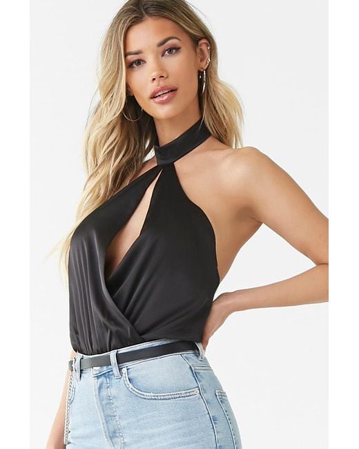 Download Forever 21 Satin Mock Neck Surplice Bodysuit , Black in Black - Lyst