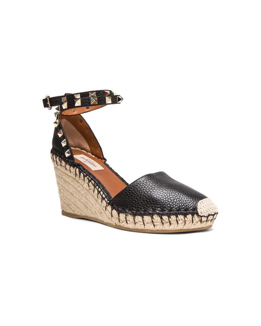 Valentino Rockstud Double Espadrille Leather Wedges in Black | Lyst