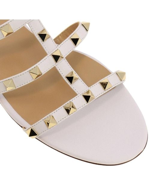 Valentino Flat Slide Sandals White In Calfskin Leather With Macro Studs 2018 | Valentino flat 